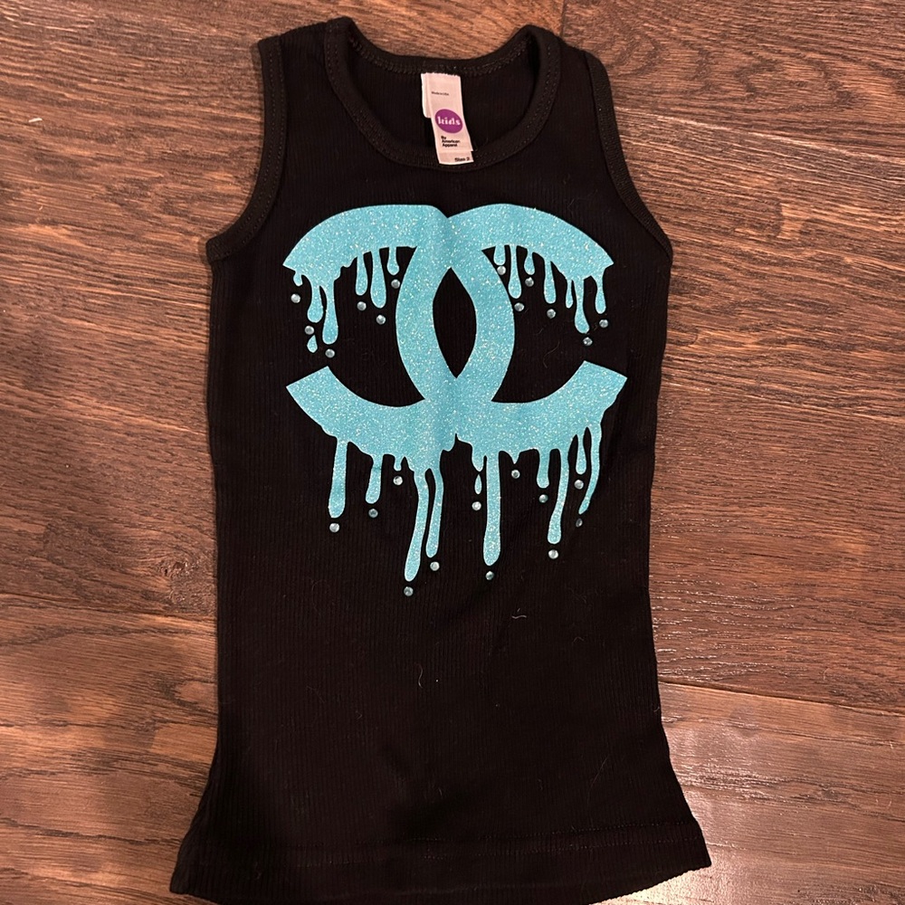 Designer Inspired Black Tank Top with Sparkly Blue Graphic Size 2 Toddler